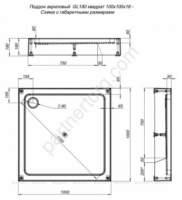 Aquanet GL180 душевой поддон квадратный 100х100 белый