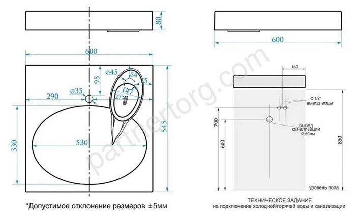 Смайл V55D1 Marrbaxx 600х545х80мм раковина с мыльницей для монтажа над стиральной машиной