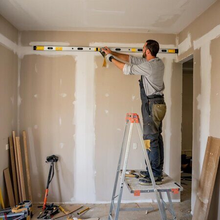 изображение работника который выравнивает стены