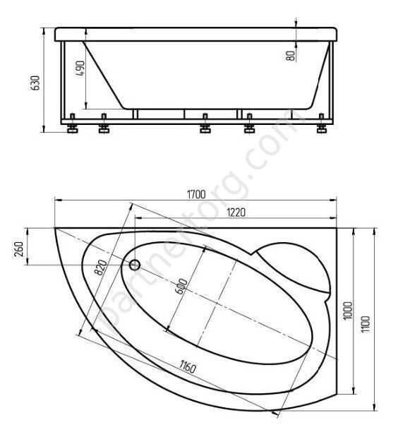 Аякс 2 ванна акриловая асимметричная Aquatek 170х110см с каркасом и сливом-переливом