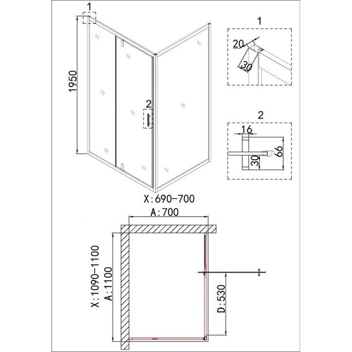 Niagara Nova NG-43-11AG-A70G душевое ограждение 110х70см, распашная дверь