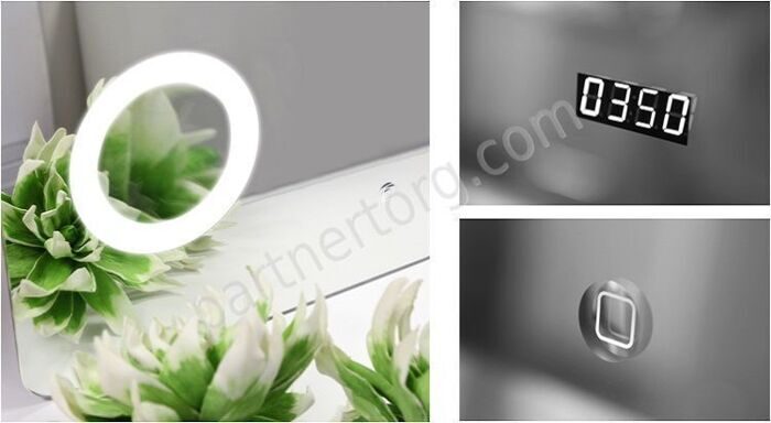 Зеркало Элио 80 подсветка, часы, увеличительное зеркало Акватон