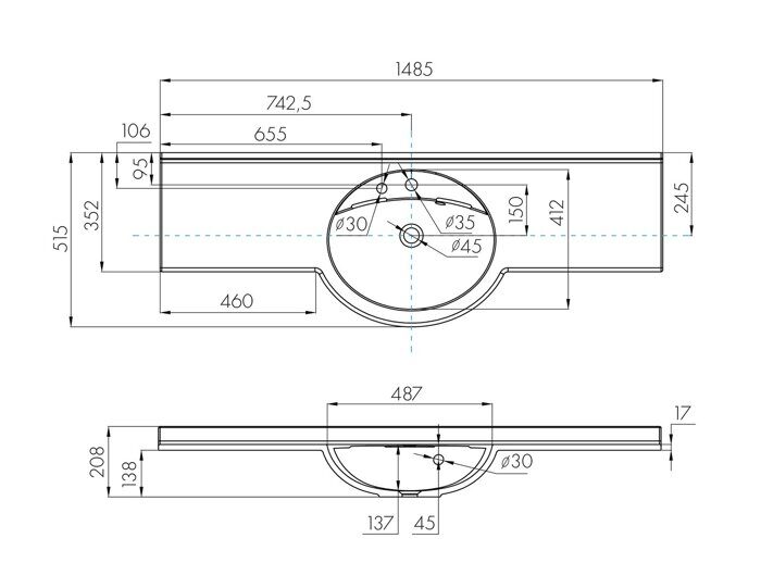 Отель 5/150 раковина-столешница подвесная 17x150x51 см Aquaton