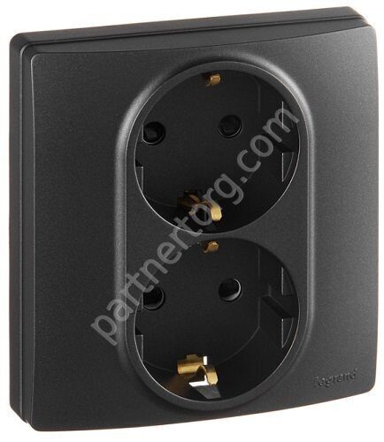 Legrand Etika cиловая розетка двойная 2x2К+З 16А 250В, безвинтовые зажимы, со шторками, цвет антрацит