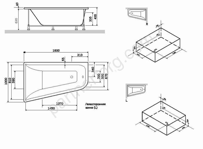 W72A-160L100W-A2 Ванна акриловая spirit  ассиметричная 160x100, без слива/перелива, левосторонняя