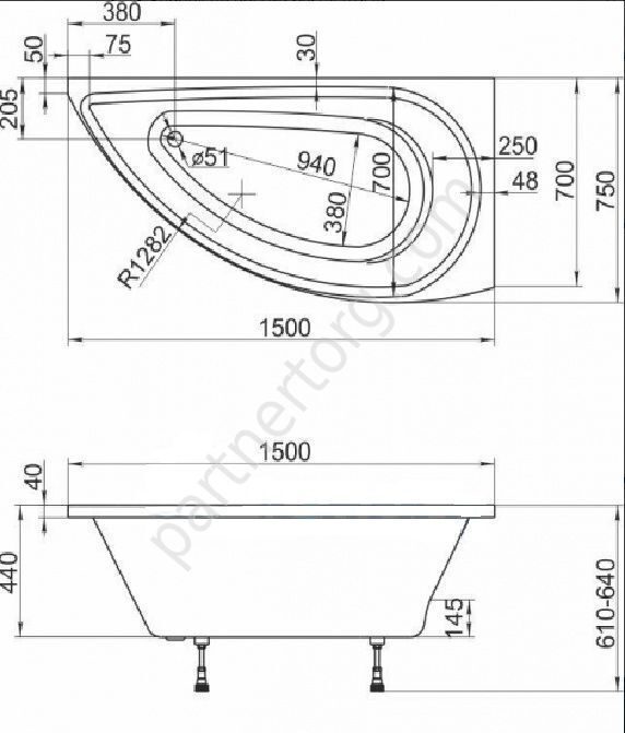 Piccolo ванна акриловая асимметричная 150х75 см 1 Марка
