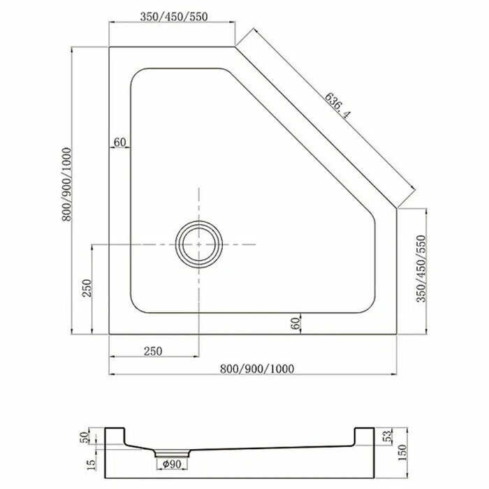 Veconi TZ53B-90-C5 душевой поддон трапециевидный 90х90х15 см, акрил