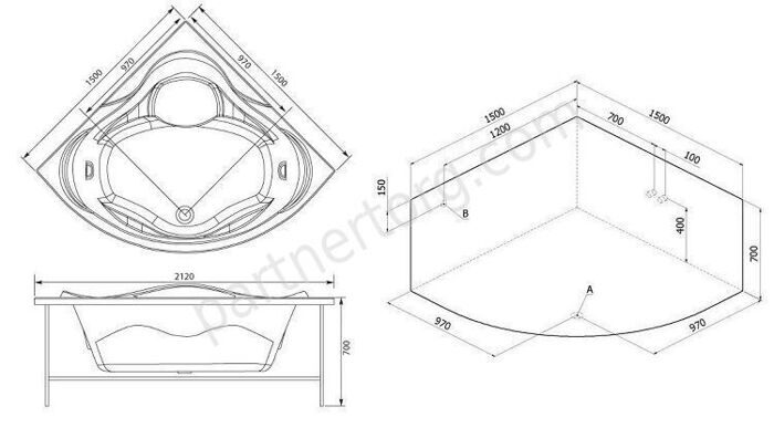 Malta угловая акриловая ванна Aquanet 150х150см