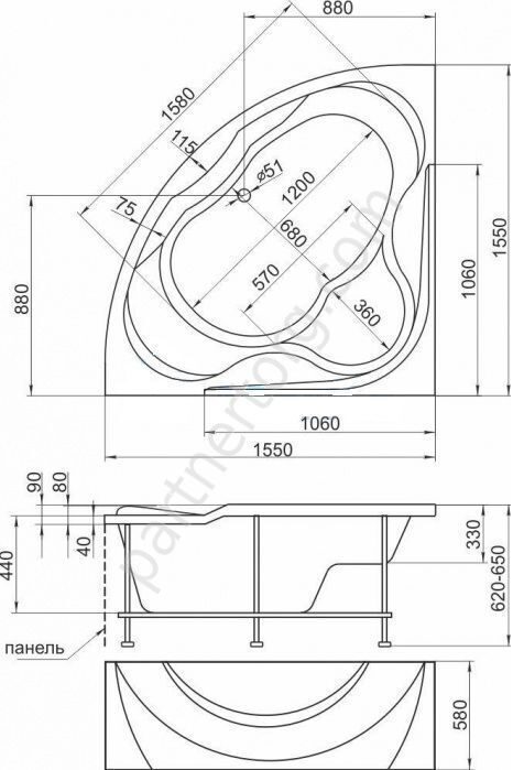 Люкс ванна акриловая угловая 155х155 см 1 Марка