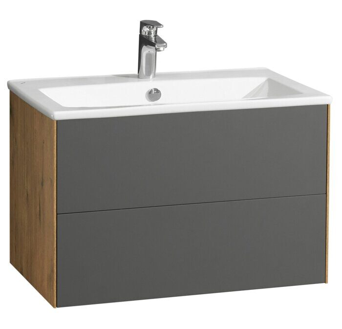 Сохо 75 см тумба подвесная графит/дуб веллингтон для ванной комнаты с раковиной Элина 75 Aquaton