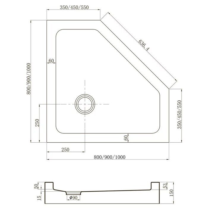 Veconi TZ53-90-C5 душевой поддон трапециевидный 90х90х15 см, акрил