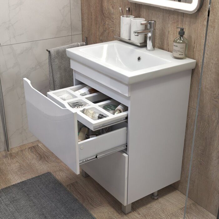 Grani 600-0-2 тумба белая для ванной комнаты с умывальником Como 60