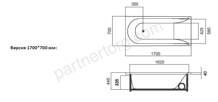 W72W-170-070W1D Spirit, ванна гидромассажная EVO 170*70 на каркасе, без фронтальной панели, шт