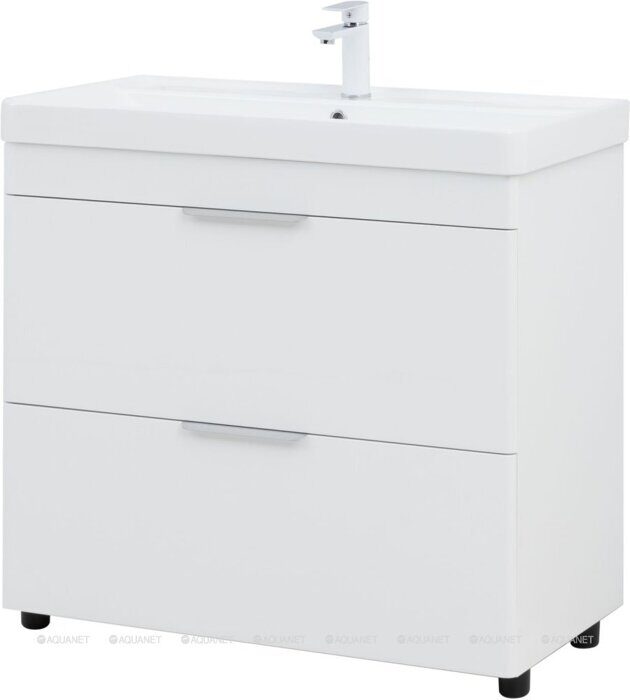 Ирис new 90 тумба напольная белый глянец 2 ящика для ванной комнаты Aquanet