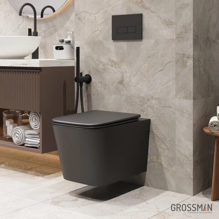 Grossman GR-4404BMSQ подвесной безободковый унитаз черный матовый с сидением Торнадо