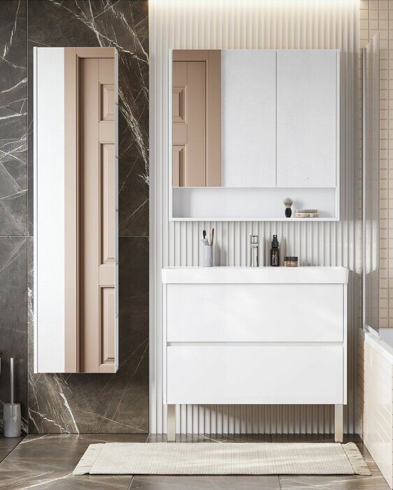 Сканди 90 зеркальный шкаф подвесной белый для ванной комнаты Aquaton