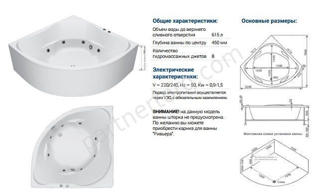 Ривьера ванна акриловая угловая 161х161 см с каркасом BAS