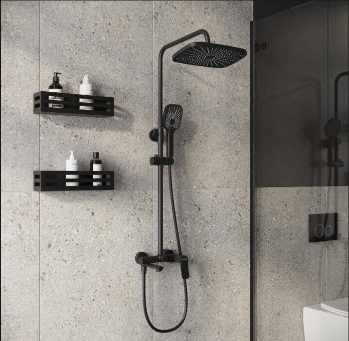 Grossman Advans душевая стойка с верхним душем, ручной лейкой и смесителем, черный матовый