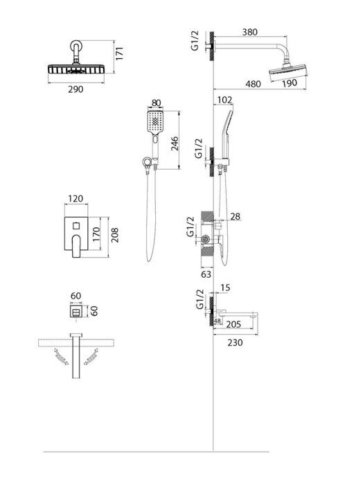 Grossman Classic 501.K35.04.420, душевая система скрытого монтажа, графит,  тропический (верхний) душ, ручной душ (лейка), излив смесителя, рычаги