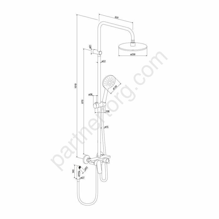 DX220910300 Apollo, душевая система со смесителем-полкой: верхний душ 230мм, ручной душ 120мм, 1 реж