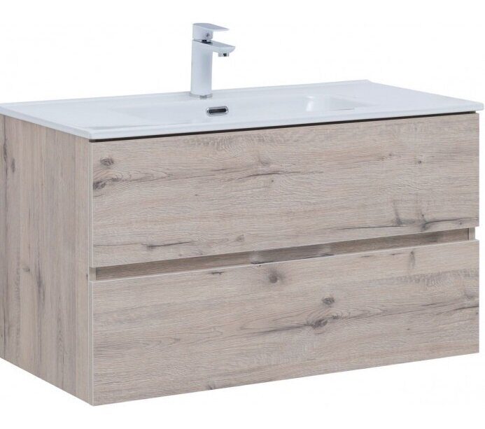 Алвита new 90 дуб веллингтон белый тумба для ванной комнаты 2 ящика с раковиной-столешницей  Flat 90 Aquanet