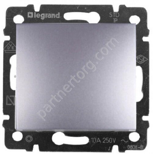 Legrand Valena Classic переключатель 1-клавишный 10АX 250В, безвинтовые зажимы, с лицевой панелью, цвет алюминий