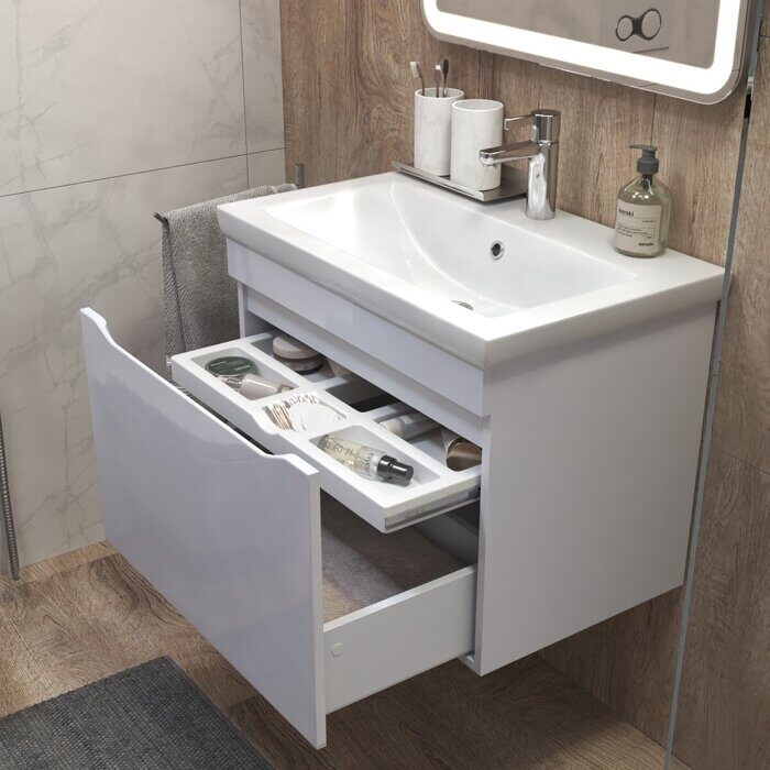 Grani 700-0-1 тумба навесная белая для ванной комнаты с умывальником Como 70