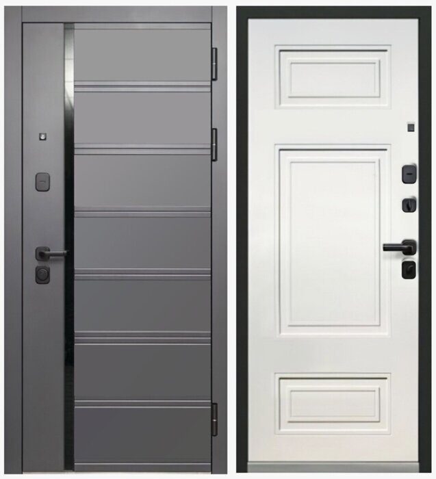 Luxor 2МДФ Куб Нео дверь входная Сатин графит,  вставка черный лакобель,  Эмалит белый