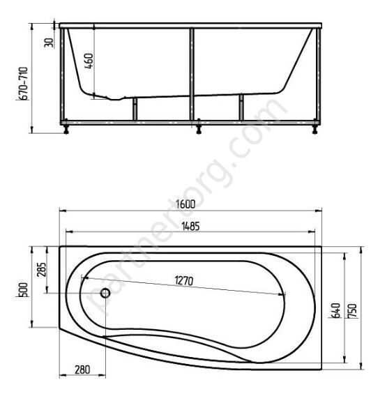 Пандора ванна акриловая асимметричная Aquatek 160х75см с каркасом и сливом-переливом
