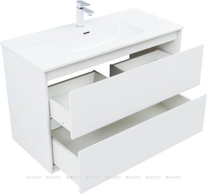 Милан 100 тумба белый глянец для ванной комнаты с накладной керамической раковиной Flash 1015*465*195 Aquanet