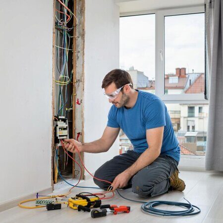 изображение электрик ремонтирует Электропроводку в квартире