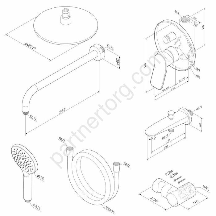 FB85A10020 X-Joy, набор: см-ль д/в/душа, верхний душ 220 мм, держатель д/верхн.душа, душ.набор (ручн