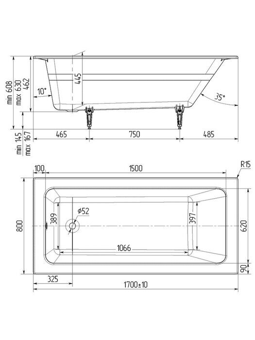 Wotte Line ванна чугунная 170x80см