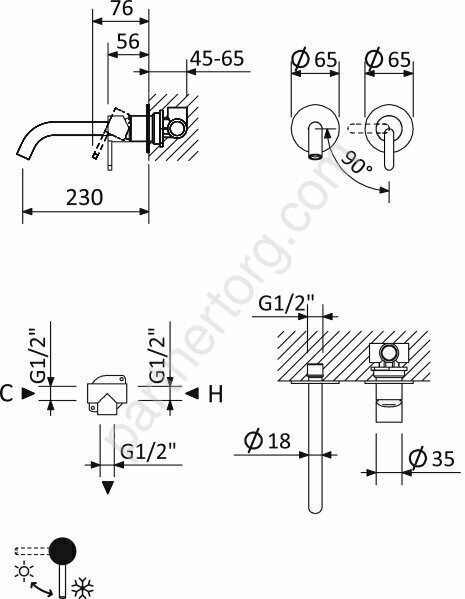 Cezares LEAF-BLI2-NOP смеситель для раковины встраиваемый однорычажный, на два отверстия черный матовый