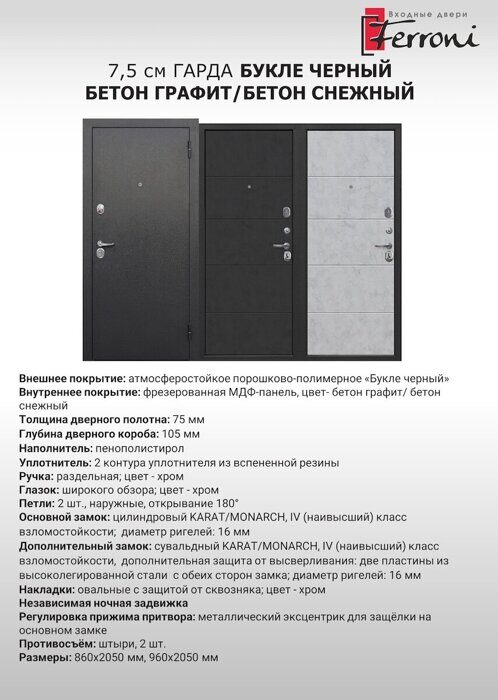 Гарда Букле 7,5 дверь входная Букле черный, Бетон снежный