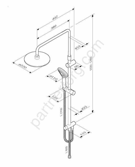 F0790033 Gem,душ.система,набор:верхн.душ d220 мм, ручн.душ 1ф-ция d 110 мм, душ.штанга 1030-1460 мм,