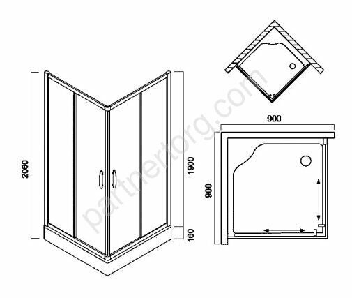 W53G-303-090MT BLISS L Square Slide.  Стекла для душ.уголок, 90x90, профиль матовый хром, стекло про