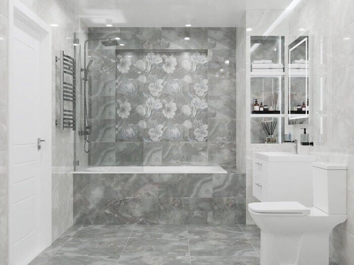 Opale Grey Flower панно из 2-х плиток серое глянцевое 63х63см Azori