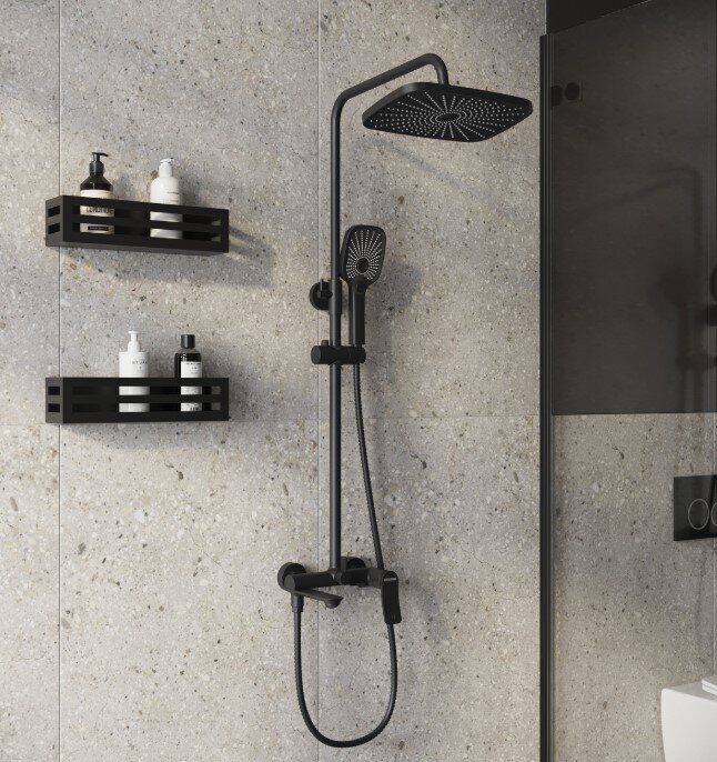 Grossman Advans душевая стойка с верхним душем, ручной лейкой и смесителем, черный матовый