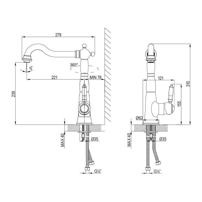 Villa LM4805B смеситель для кухни с высоким поворотным изливом, бронза Lemark