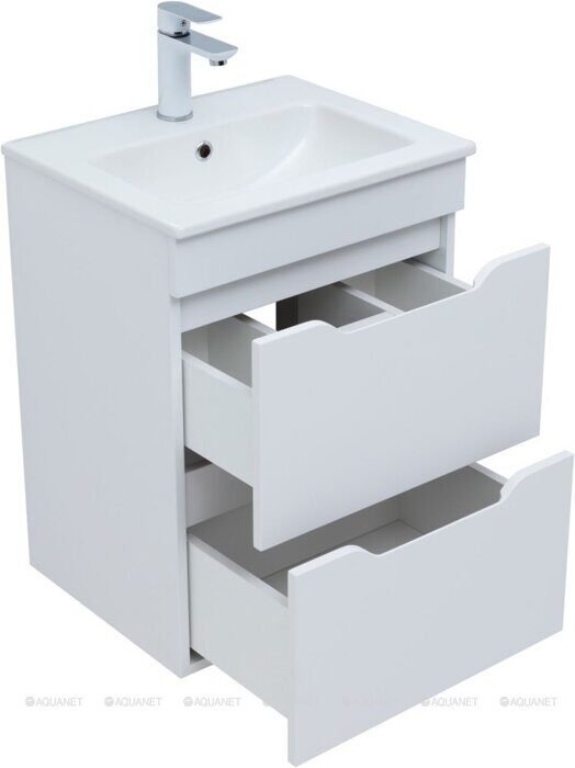 Практика 50 тумба белая матовая для ванной комнаты 2 ящика с раковиной-столешницей 50 cm (PRACTICO) Aquanet