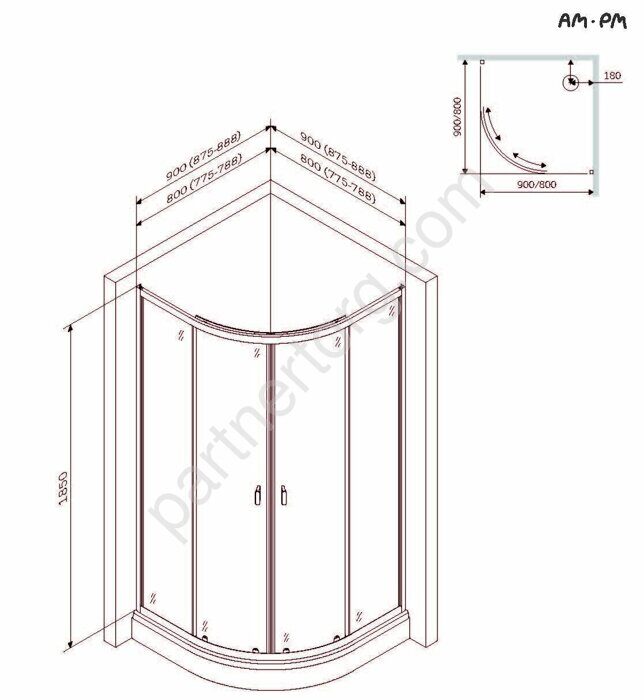 X-Joy Twin Slide,  Душевое ограждение c поддоном, 80x80 W88E-205-080BT AM.PM