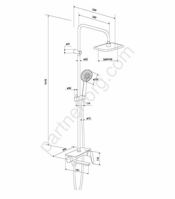 Душ. система со смесителем-полкой: верх. душ 260*190, ручн. душ 120, 5 режимов 977720000 Origin Bit