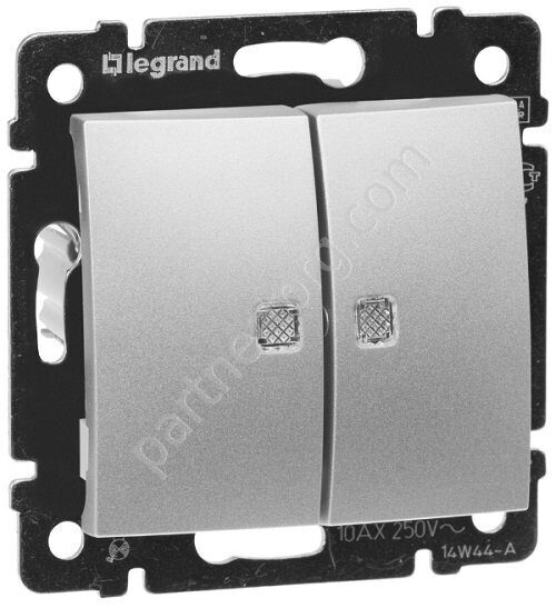 Legrand Valena Classic выключатель 2-х клавишный 10АX 250В, безвинтовые зажимы, с подсветкой, цвет алюминий