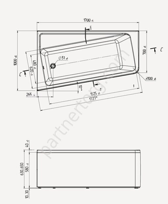 Direct ванна акриловая асимметричная 170х100 см MarkaOne
