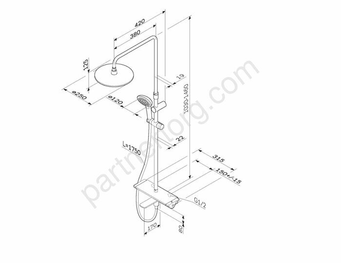 Душ.система, набор: смеситель д/ванны/душа с термостатом, верхн. душ d 250 мм, F0770A500 Spirit V2.0