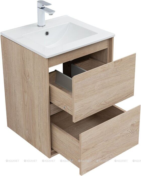 Милан 50 тумба дуб светлый для ванной комнаты с накладной керамической раковиной Flash 505*465*195 Aquanet