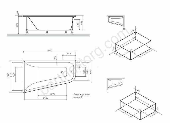 W72A-160L100W-P2 фронтальная панель для ванны spirit, левосторонняя