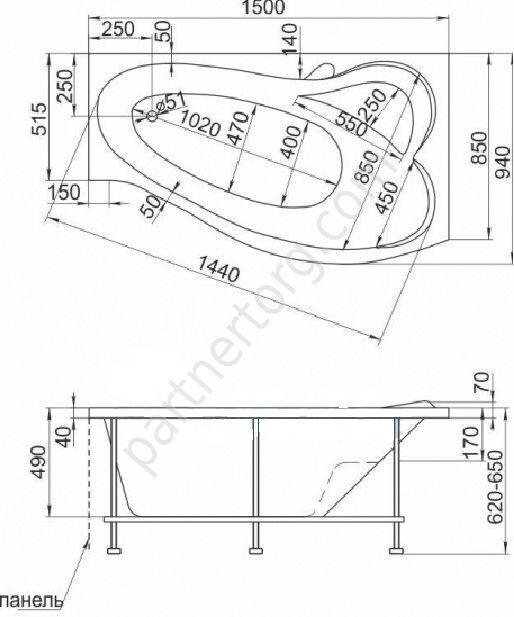 Грация ванна акриловая асимметричная 150х90 см MarkaOne