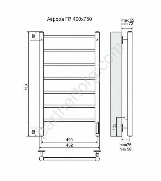 Аврора полотенцесушитель электрический 32/18 П7 400*750, 90Вт, под скрытую проводку, хром